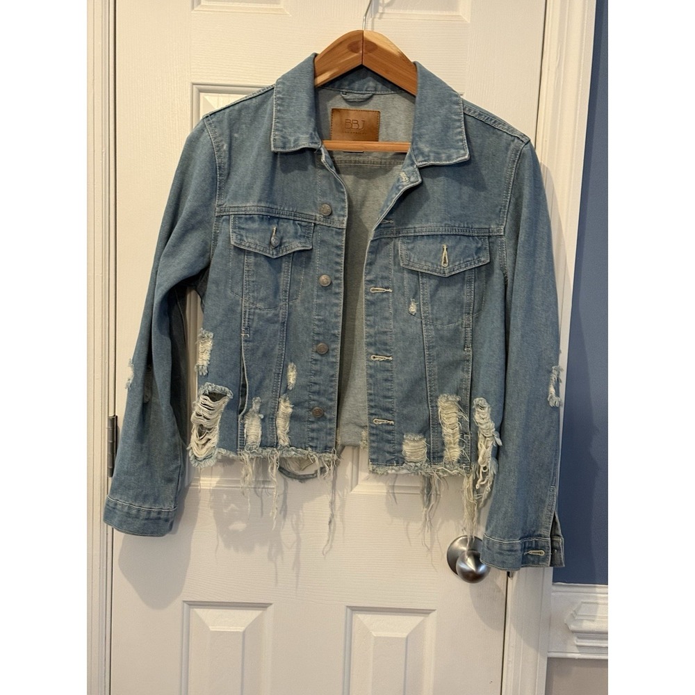 BBJ L Grunge Frayed Denim Jacket Boho Festival Distressed Western Spring‎